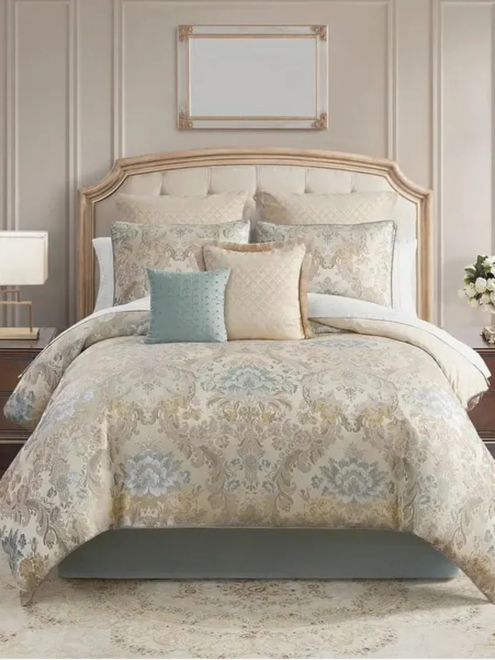 Waterford Beige and Light Blue Floral Damask Comforter Set Sz Queen NWT